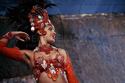 Buy stock photo Samba, carnival or happy woman in costume for event, music culture or night celebration in Brazil. Outdoor, performance or proud dancer with smile at festival party, parade or show in Rio de Janeiro