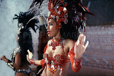 Buy stock photo Samba, carnival or woman in costume for celebration, music culture or band in Rio de Janeiro, Brazil. Event, party or girl dancer with fashion or style at festival, parade or fun show for performance