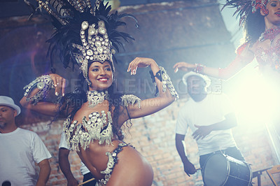 Buy stock photo Performance, dance and women at carnival in costume for celebration, music culture and happy band in Brazil. Samba, party and girl friends together at festival, parade or stage show in Rio de Janeiro