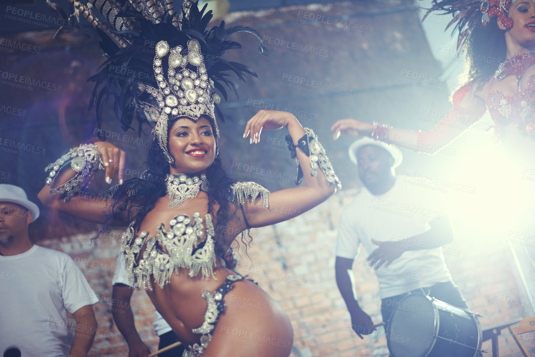 Buy stock photo Performance, dance and women at carnival in costume for celebration, music culture and happy band in Brazil. Samba, party and girl friends together at festival, parade or stage show in Rio de Janeiro