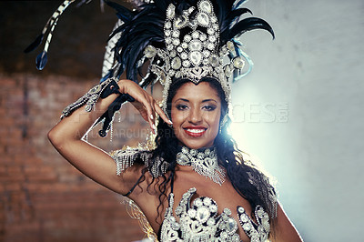 Buy stock photo Night, carnival or happy woman in costume or portrait for celebration, music culture or band in Brazil. Event, samba or proud girl dancer with smile at festival, parade or fun show in Rio de Janeiro