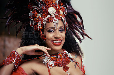 Buy stock photo Samba, carnival or happy woman in costume or portrait for celebration, music culture or band in Brazil. Event, party or proud girl dancer with smile at festival, parade or fun show in Rio de Janeiro
