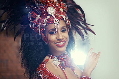 Buy stock photo Event, carnival or happy woman in costume or portrait for celebration, music culture or samba in Brazil. Face, night or proud girl dancer with smile at festival, parade or fun show in Rio de Janeiro