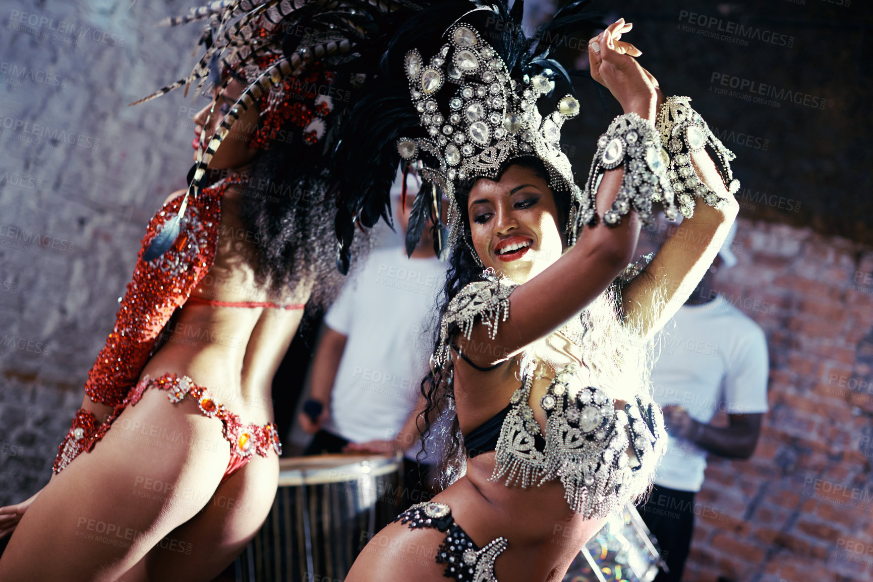 Buy stock photo Party, carnival or women in costume dancing for celebration, music culture or samba in Brazil. Girl friends, smile or dancers with rhythm or fashion at festival, parade or fun show in Rio de Janeiro