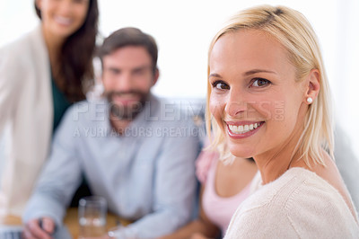 Buy stock photo Portrait, team and smile from woman for meeting, leader and collaboration of colleagues for business. Professional, planning and brainstorming for work of corporate company in office of female person