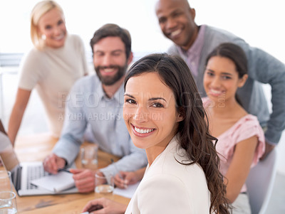 Buy stock photo Portrait, laptop and smile from leader of team, professional and working for corporate company. Businesswoman, staff and employees with happiness in job, technology and connection to internet