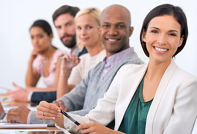 Buy stock photo Meeting, smile and portrait of business people in office for company finance budget project. Happy, teamwork and group of financial advisors working in collaboration for discussion in workplace.