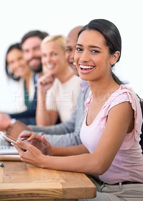 Buy stock photo Discussion, smile and portrait of business people in office for company finance budget project. Happy, teamwork and group of financial advisors working in collaboration for meeting in workplace.