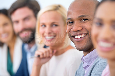 Buy stock photo Business man, workshop and smile in portrait, designers and happy for creative project career. Diverse, collaboration and male person with staff for meeting, coworkers and plan in team building