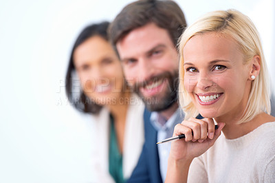 Buy stock photo Happy, teamwork and portrait of business people in office for company finance budget project. Smile, professional and group of financial advisors work in meeting for collaboration in workplace.