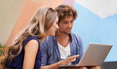 Buy stock photo Students, man and woman with laptop communication, study and learn in university environment. College people, internet and connectivity or online education, research and discuss ideas on campus