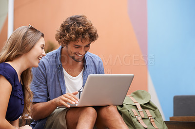 Buy stock photo College students, smile and happy together with laptop laugh, discuss ideas and work on campus. University learning, man and woman busy on computer with internet, connectivity and research or project