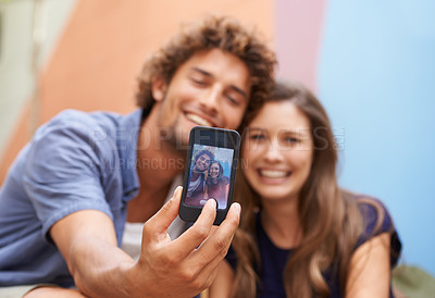 Buy stock photo Couple, selfie and portrait with smartphone for picture, smile and post for social media on summer vacation. Man, woman and together for memory on holiday with digital photo on cellphone for online