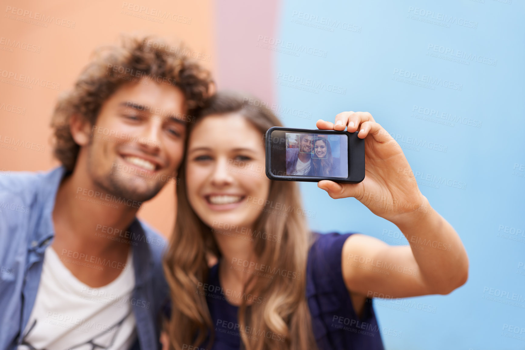 Buy stock photo Couple, screen and portrait with cellphone for picture, selfie and post for social media on summer vacation. Man, woman and together for memory on holiday with digital photo on smartphone for online