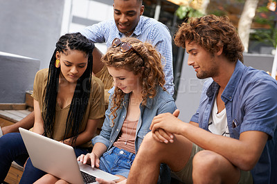 Buy stock photo Laptop, education and group of students on university or school campus together for learning or study. Computer, smile or college project with happy young man and woman friends on academy stairs