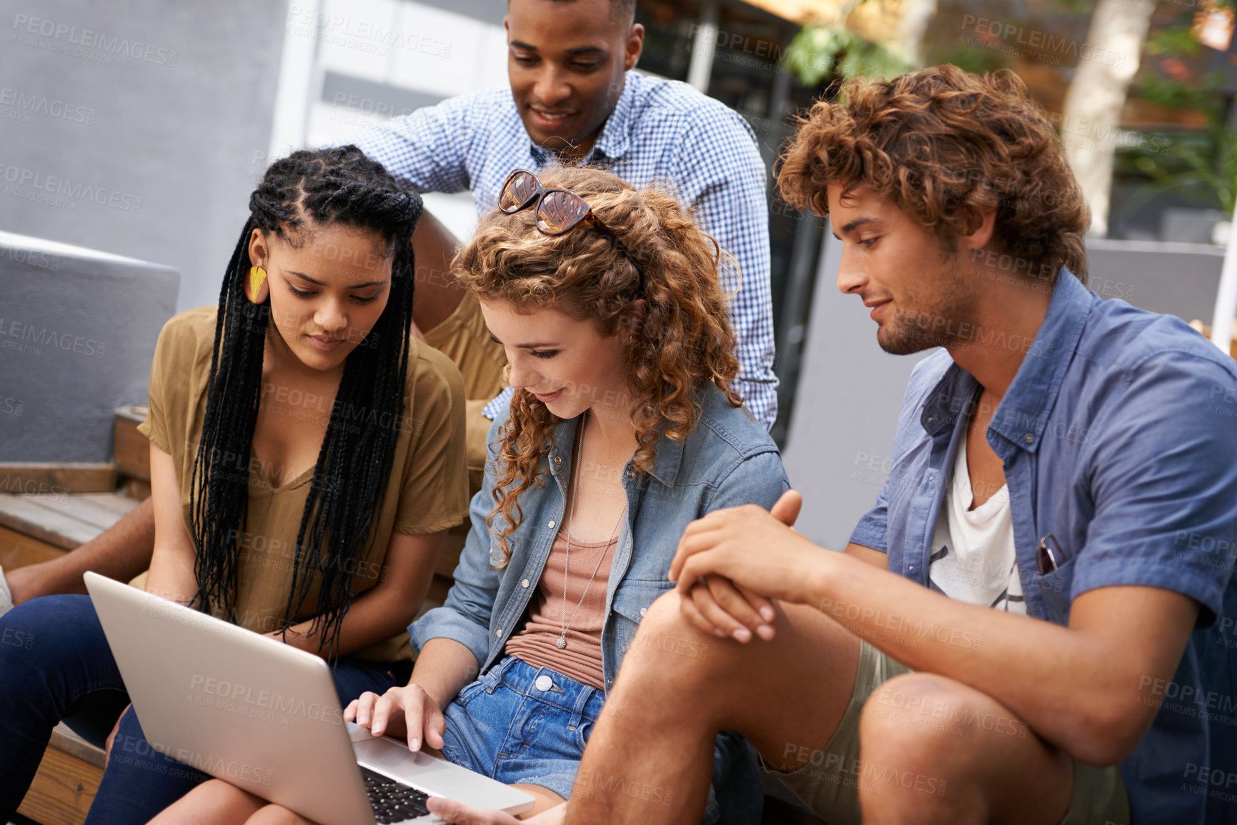 Buy stock photo Laptop, education and group of students on university or school campus together for learning or study. Computer, smile or college project with happy young man and woman friends on academy stairs