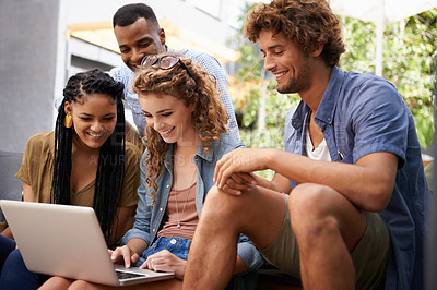Buy stock photo Laptop, education and group of friends on college or school campus together for learning or study. Computer, smile or university project with happy young man and woman students on academy stairs