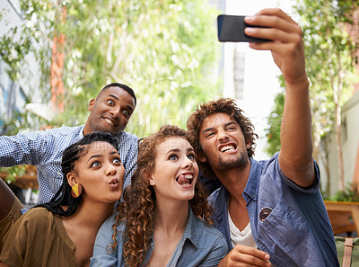 Buy stock photo Funny, face and group of friends for selfie at university campus for profile picture update or social media post. Men, women and happy students with technology for memory, diversity and college fun 