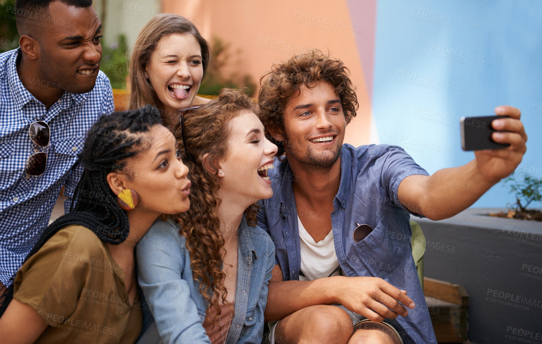 Buy stock photo Crazy, face and group of friends for selfie at university campus for profile picture update or social media post. Men, women and happy students with technology for memory, diversity and college fun