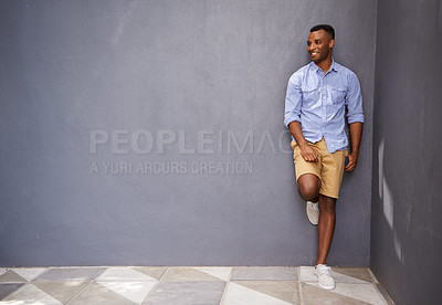 Buy stock photo Man, smile and urban fashion or style by wall background, full body and cool outfit on mockup space. Happy black male person, university student and city for aesthetic, confident and trendy clothes