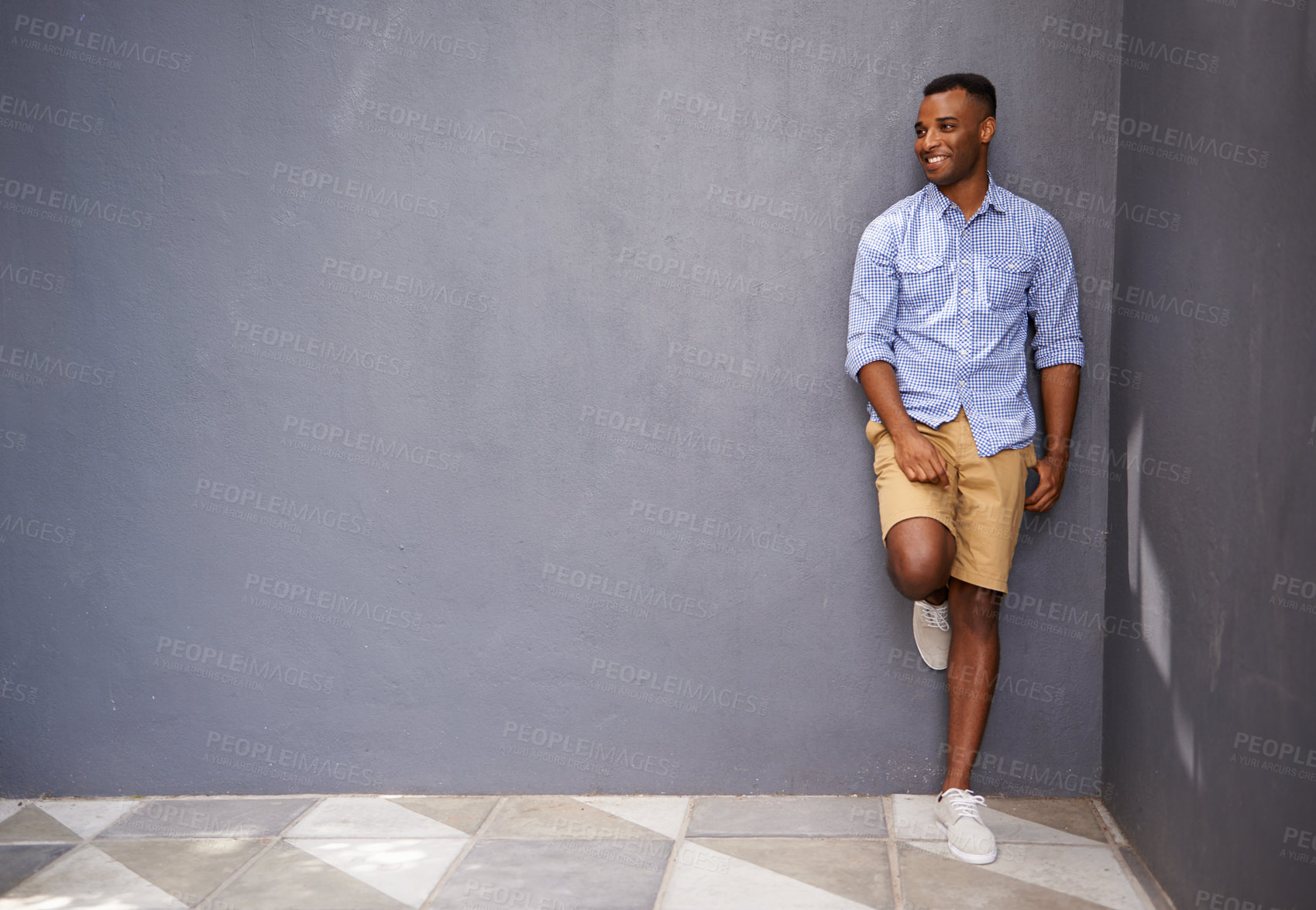 Buy stock photo Man, smile and urban fashion or style by wall background, full body and cool outfit on mockup space. Happy black male person, university student and city for aesthetic, confident and trendy clothes