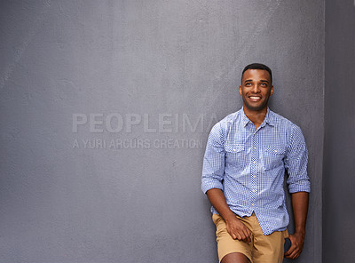 Buy stock photo Thinking, smile and black man on wall background with idea, vision or inspiration for decision on mockup space Fashion, style and happy African person in casual clothes, dream and planning future