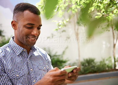 Buy stock photo Face, phone and gaming with black man student outdoor on street or sidewalk for online fun in summer. App, internet and social media with happy young person playing mobile game on neighborhood road