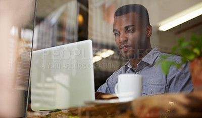 Buy stock photo Black man, laptop and typing with reading for search, remote work or writing with coffee in cafe. Hot drink, freelance writer and male person with computer for internet, browsing and communication