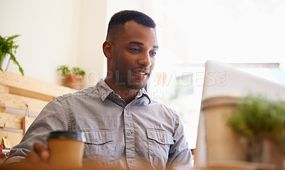 Buy stock photo Black man, smile and cafe with laptop for coffee, working and sitting indoors. Freelancer, internet and connectivity for research project, professional and remote work in restaurant with technology