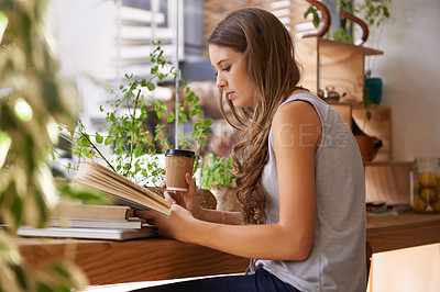 Buy stock photo Coffee, reading and woman with book in cafeteria for knowledge with literature in morning. Diner, student and female person with novel or story drinking latte, espresso or cappuccino in restaurant.