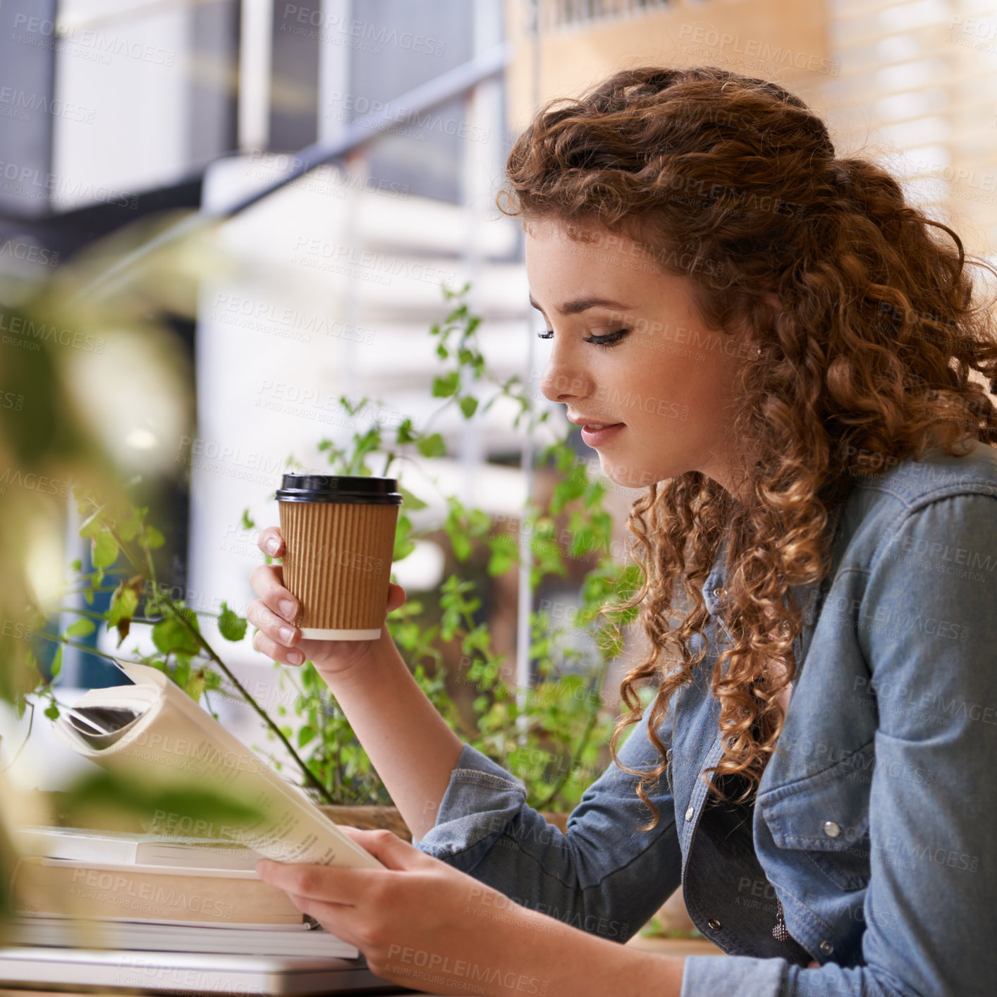 Buy stock photo Cappuccino, reading and woman with book in cafeteria for knowledge with literature in morning. Diner, student and female person with novel or story drinking latte, espresso or coffee in restaurant.