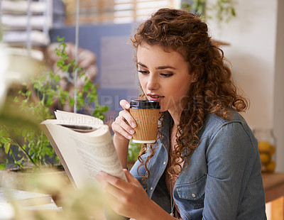 Buy stock photo Coffee, reading and woman with book in restaurant for knowledge with literature in morning. Diner, student and female person with novel or story drinking latte, espresso or cappuccino in cafeteria.