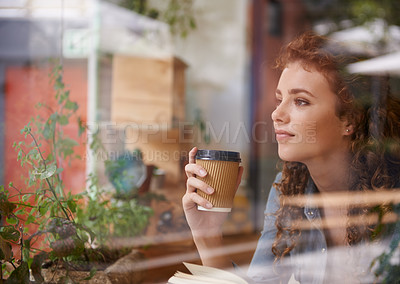 Buy stock photo Woman, coffee and thinking by window in cafe with book for creative idea, reading inspiration and knowledge. Person, freelancer and thoughtful with beverage in diner for research motivation and study