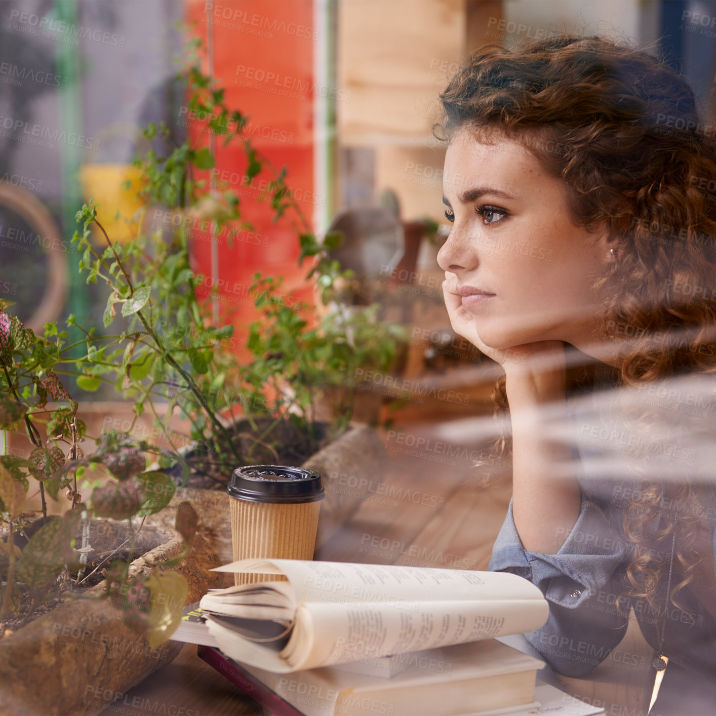 Buy stock photo Woman, books and thinking by window in restaurant for creative idea, reading inspiration and learning for knowledge. Student, person and thoughtful with reflection in cafe for research motivation