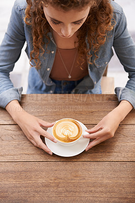 Buy stock photo Woman, top view and coffee at a cafe, restaurant and diner with tea cup, latte and espresso for drinking, break and relaxation. Female adult, hot beverage and table at canteen, bistro or cafeteria