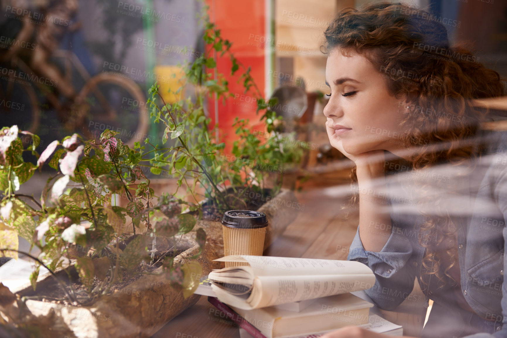 Buy stock photo Sleeping, reading and woman with book in cafeteria for knowledge with literature in morning. Diner, student and female person with novel or story drinking coffee, espresso or cappuccino in restaurant