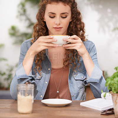 Buy stock photo Cafe, woman and drinking coffee at table to relax, peace or calm at breakfast for energy in the morning. Latte, cup and student with espresso in shop, beverage or hot healthy cappuccino at restaurant