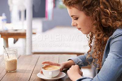 Buy stock photo Woman, thinking and coffee at outdoor cafe, latte and relax with day dream and idea for job. Female person, bistro and holding cup with cappuccino, peace and contemplate at breakfast or lunch 