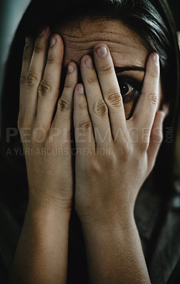Buy stock photo Portrait, horror and hands on face of woman to cover reaction from fear, panic or terror closeup. Anxiety, stress and mental health with scared young person hiding from danger, drama or violence