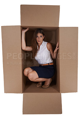 Buy stock photo Business, box and fear with woman, afraid and claustrophobic with emotion and anxiety. Consultant, employee and entrepreneur with cardboard and expression with depression isolated on white background