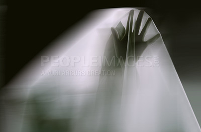Buy stock photo Ghost, apparition and hand for scary horror or late night in dark with light glow for paranormal silhouette, black background or creepy. Blue, shadow and blue for spooky supernatural, escape or fear