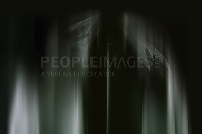 Buy stock photo Ghost, sheet and blur for scary horror or late night in dark with or halloween or paranormal silhouette, black background or creepy. Apparition, shadow and hand or supernatural mockup, evil or fear