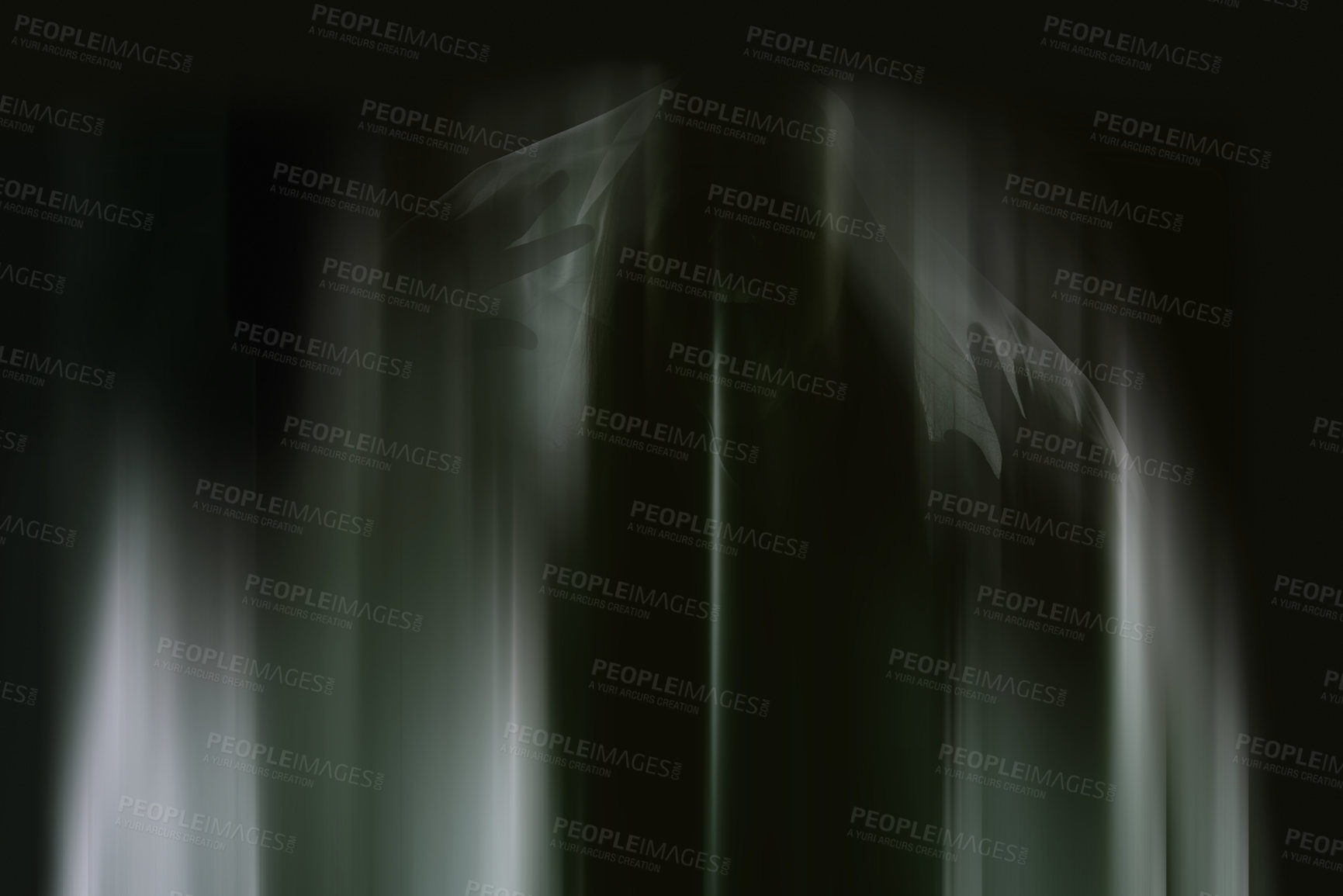 Buy stock photo Ghost, sheet and blur for scary horror or late night in dark with or halloween or paranormal silhouette, black background or creepy. Apparition, shadow and hand or supernatural mockup, evil or fear