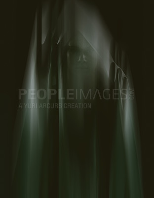 Buy stock photo Person, hands and ghost face with mystery on black background for halloween horror, scary or evil. Dark, apparition and late night terror with glow shadows or spooky demon, nightmare or hallucination
