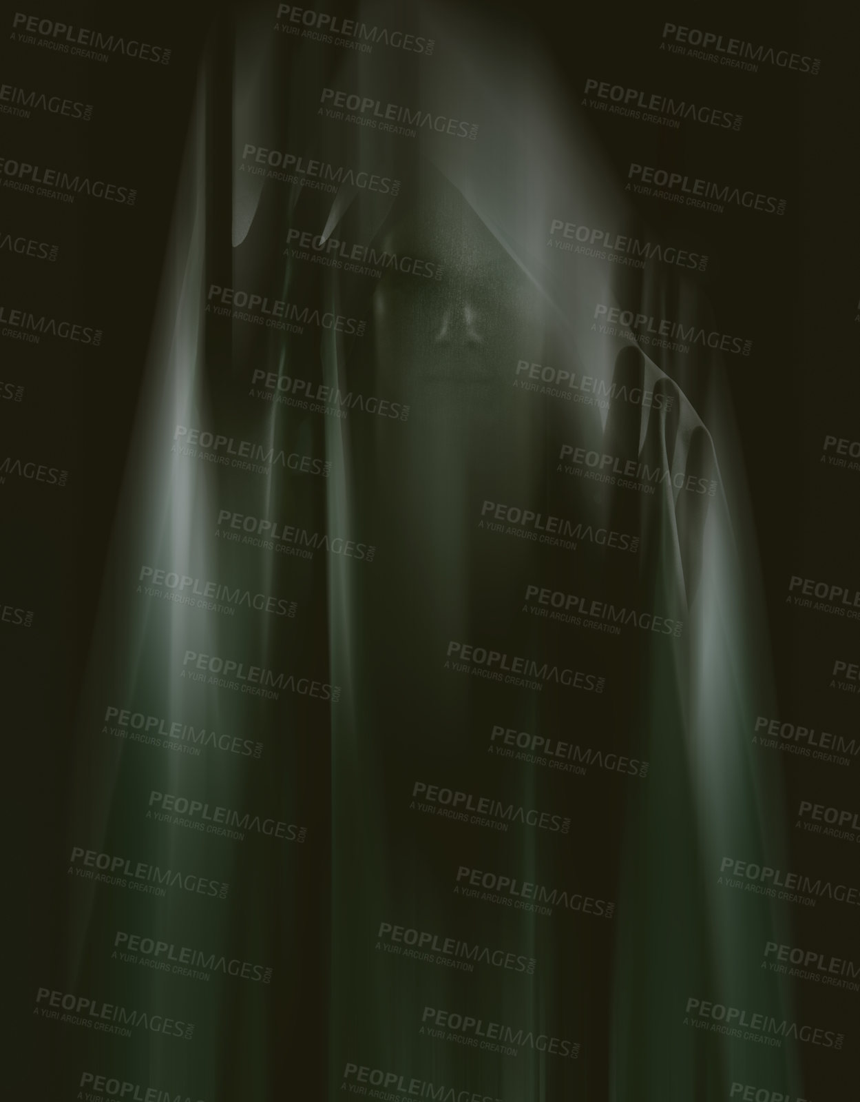 Buy stock photo Person, hands and ghost face with mystery on black background for halloween horror, scary or evil. Dark, apparition and late night terror with glow shadows or spooky demon, nightmare or hallucination