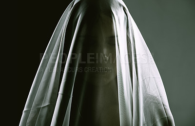 Buy stock photo Woman, veil and person as ghost, spirit and surreal for scary, death and horror on dark background. Creepy, dramatic and female silhouette as spiritual for halloween, witchcraft and terror in studio