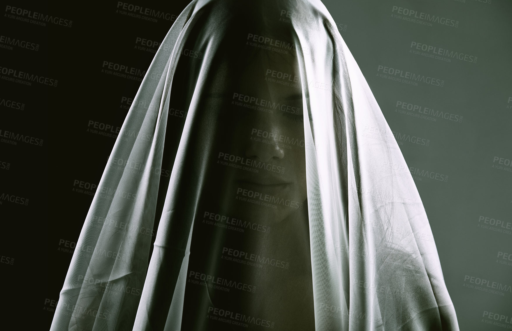 Buy stock photo Woman, veil and person as ghost, spirit and surreal for scary, death and horror on dark background. Creepy, dramatic and female silhouette as spiritual for halloween, witchcraft and terror in studio