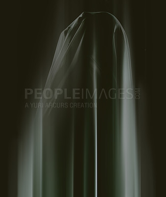 Buy stock photo Veil, silhouette and dark for ghost, horror and supernatural in scary nightmare on black background. Surreal, scream and person for manifestation of monster, paranormal and terror for halloween