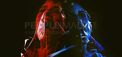Buy stock photo Scary, woman and bag on face with plastic for drama in studio, dark background or afraid of death. Suffocation, murder and girl with fear from crime, victim and trapped in trash, garbage or pollution