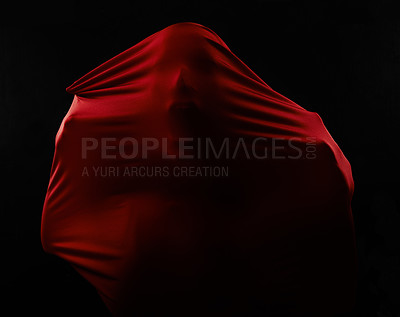Buy stock photo Person, transparent fabric and silhouette of face screaming in horror, fear and trapped isolated on a black background. Ghost, red cloth and outline of human yelling in terror, surreal or scared